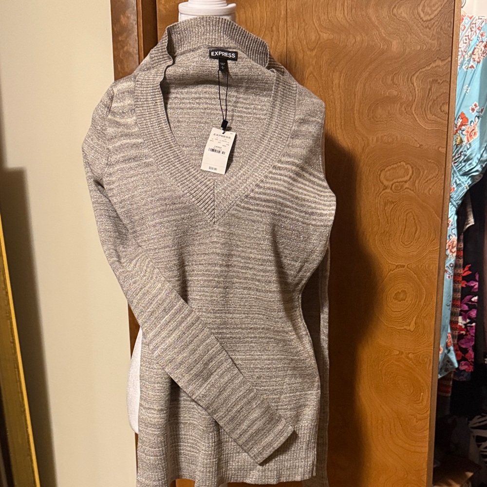 Express Women's Marled Light taupe with gold flecks V-Neck Sweater new with tag